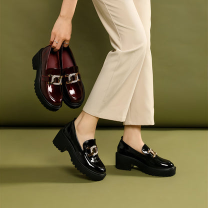 Nova Mocassins Plateforme Femme Chaîne Dorée Bordeaux