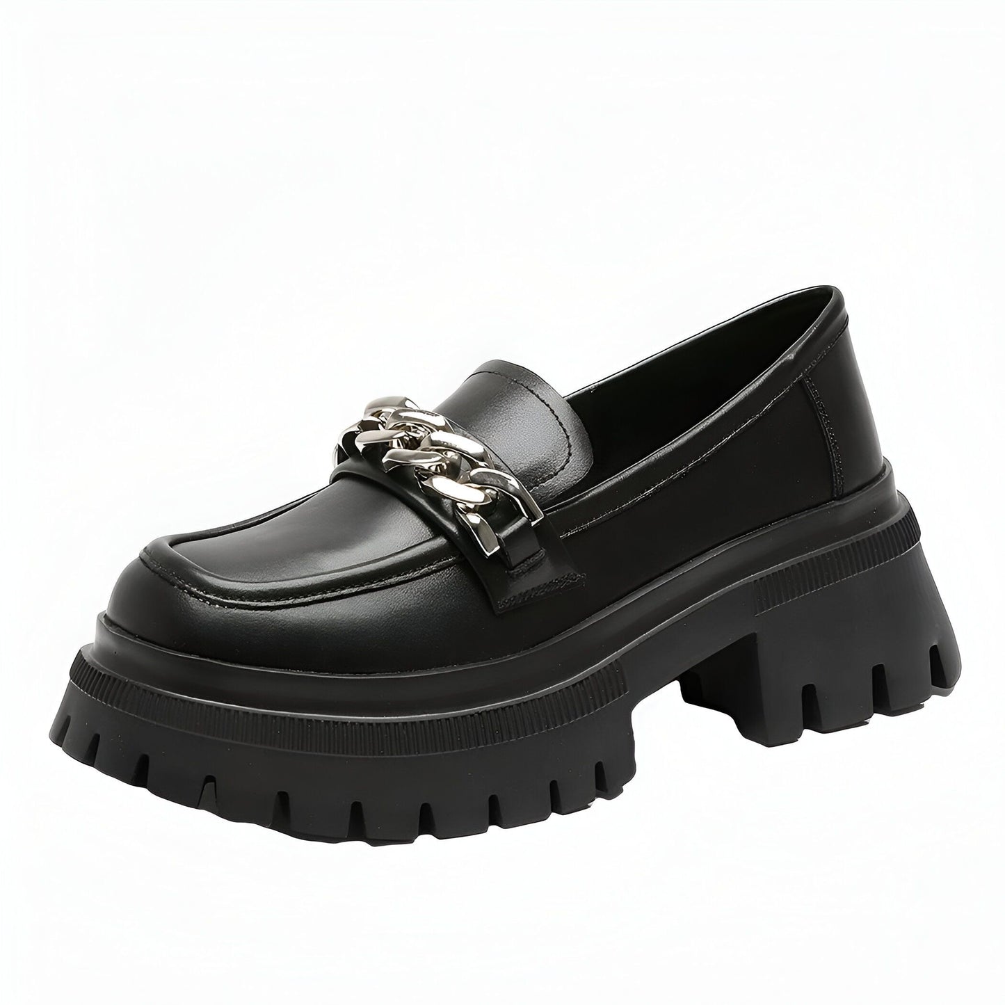 Nova Mocassins Plateforme Femme Noir Chaîne Argentée