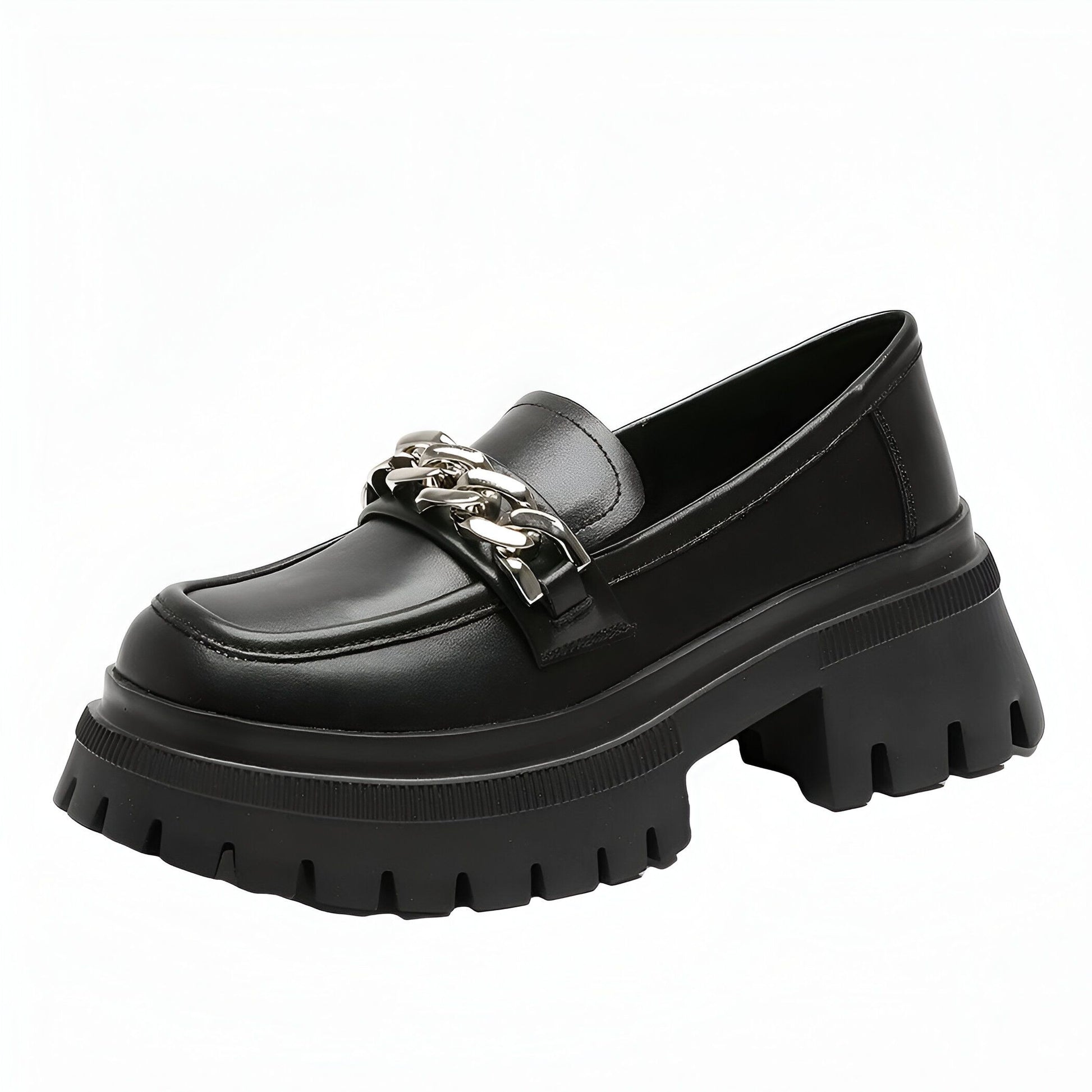 Nova Mocassins Plateforme Femme Noir Chaîne Argentée