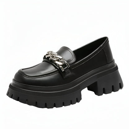 Nova Mocassins Plateforme Femme Noir Chaîne Argentée