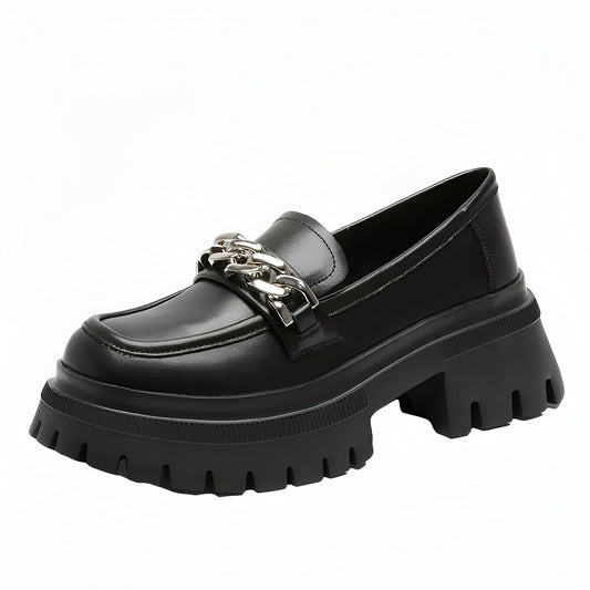 Nova Mocassins Plateforme Femme Noir Chaîne Argentée