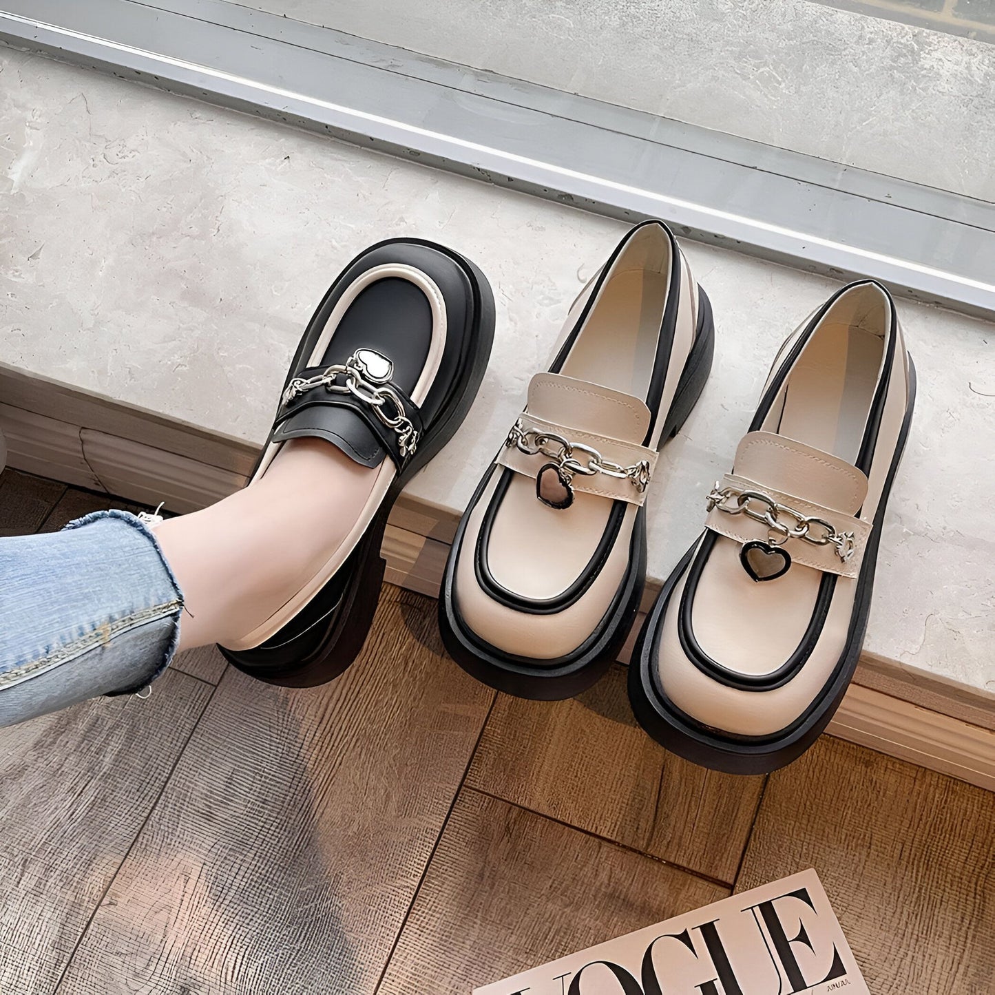 LuxeLine Mocassins plateforme femme chaîne cœur