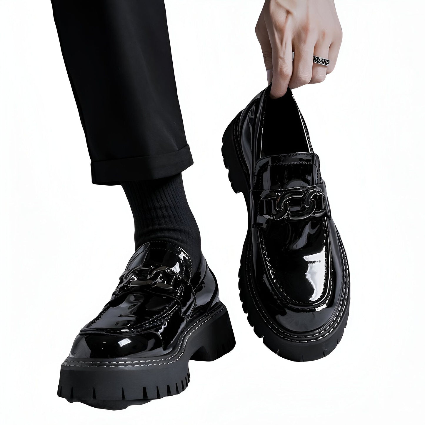 LuxeBrand Mocassins Plateforme Noir Cuir Verni Homme