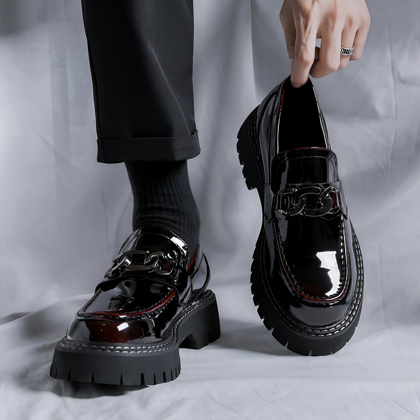 LuxeBrand Mocassins Plateforme Noir Cuir Verni Homme