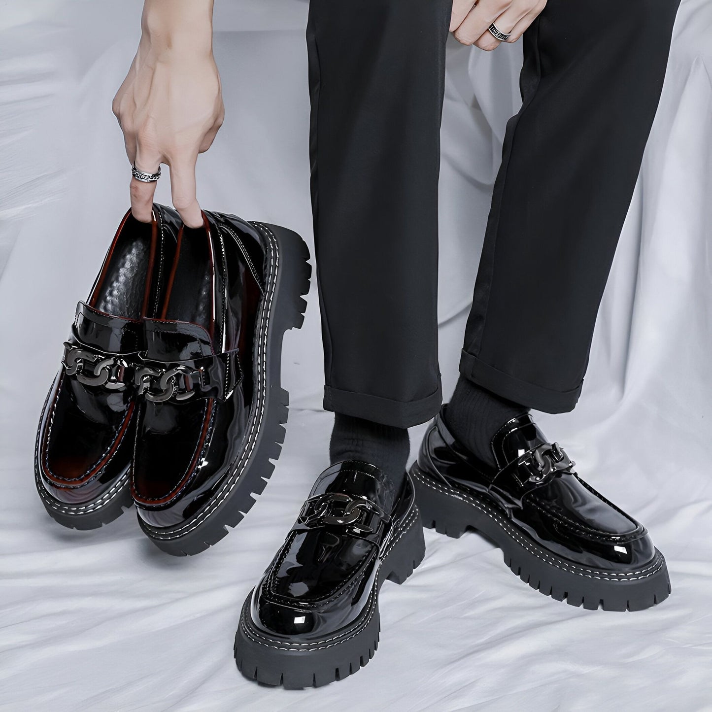LuxeBrand Mocassins Plateforme Noir Cuir Verni Homme