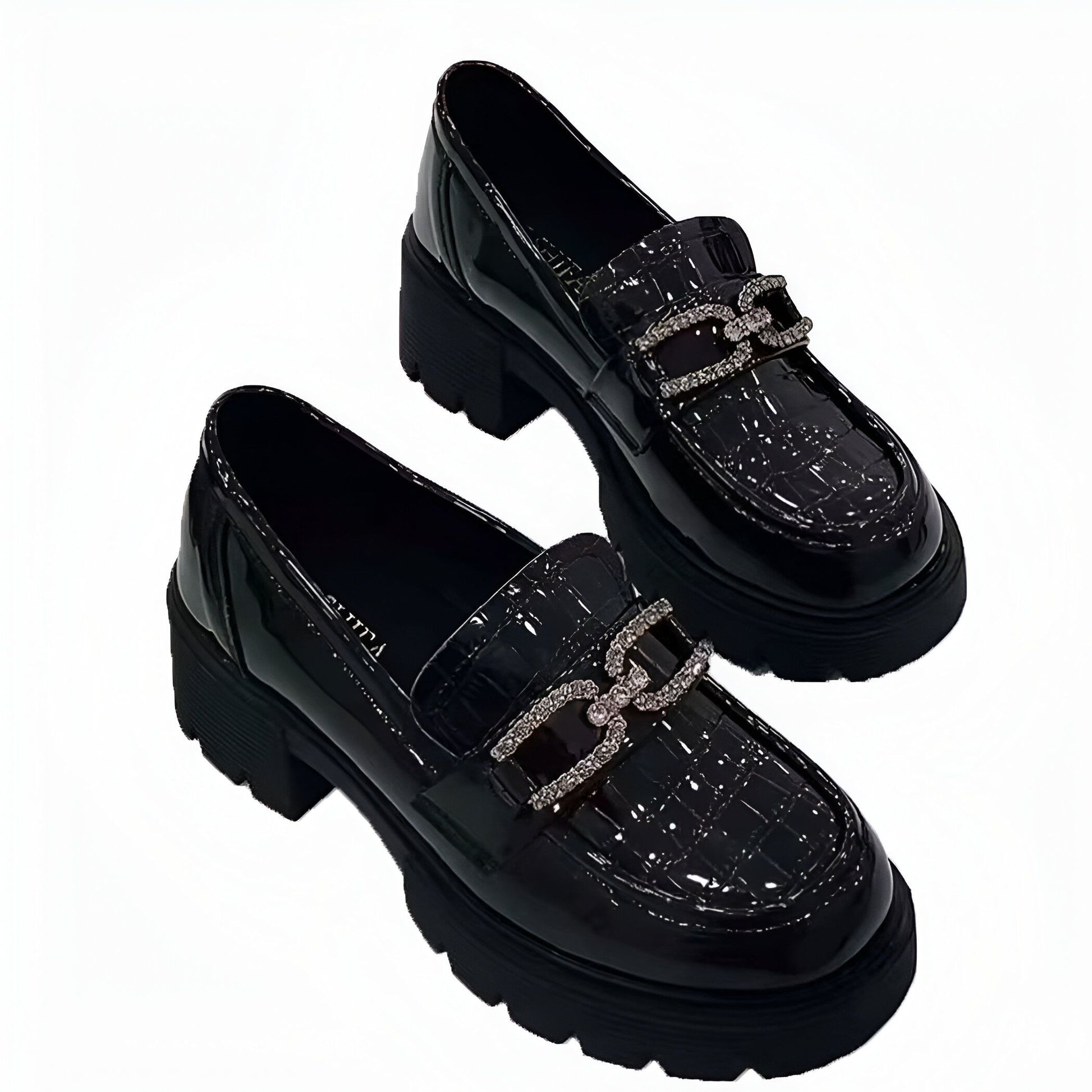 Mocassins Plateforme Vernis Croco - Chaîne Strass Noir