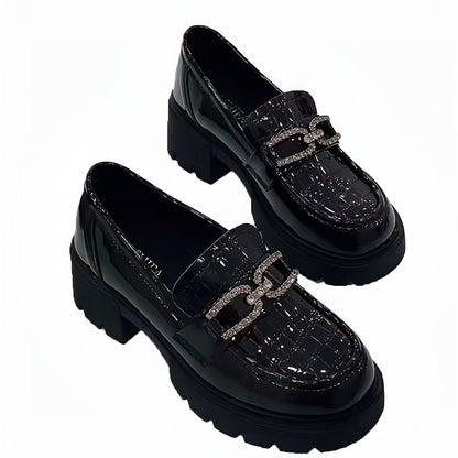Mocassins Plateforme Vernis Croco - Chaîne Strass Noir