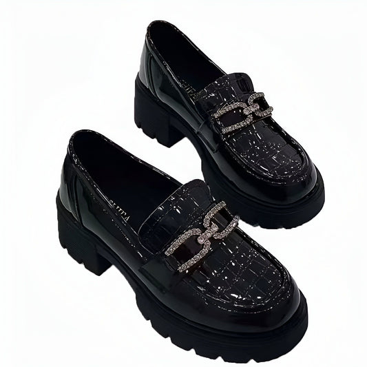Mocassins Plateforme Vernis Croco - Chaîne Strass Noir