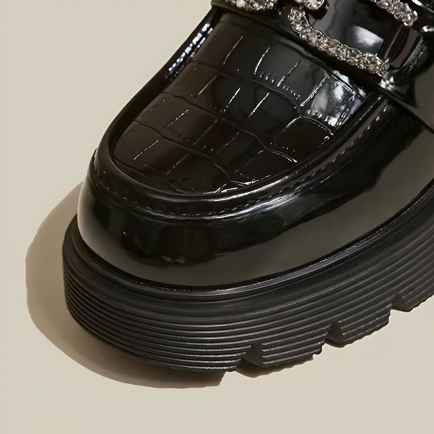 Mocassins Plateforme Vernis Croco - Chaîne Strass Noir