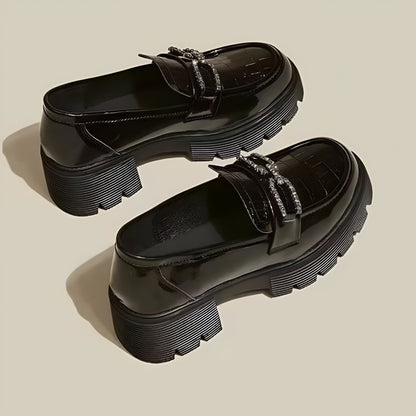 Mocassins Plateforme Vernis Croco - Chaîne Strass Noir