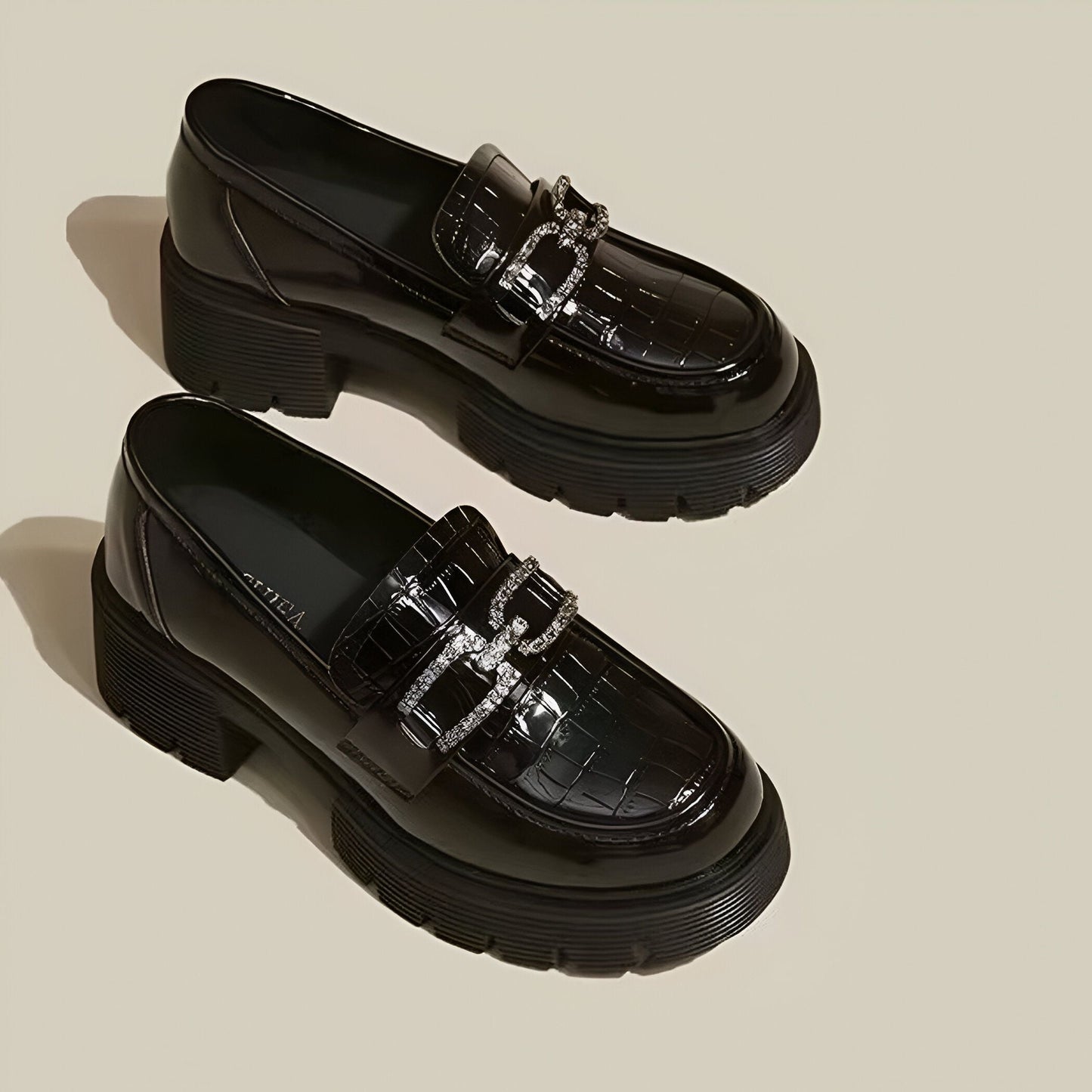 Mocassins Plateforme Vernis Croco - Chaîne Strass Noir
