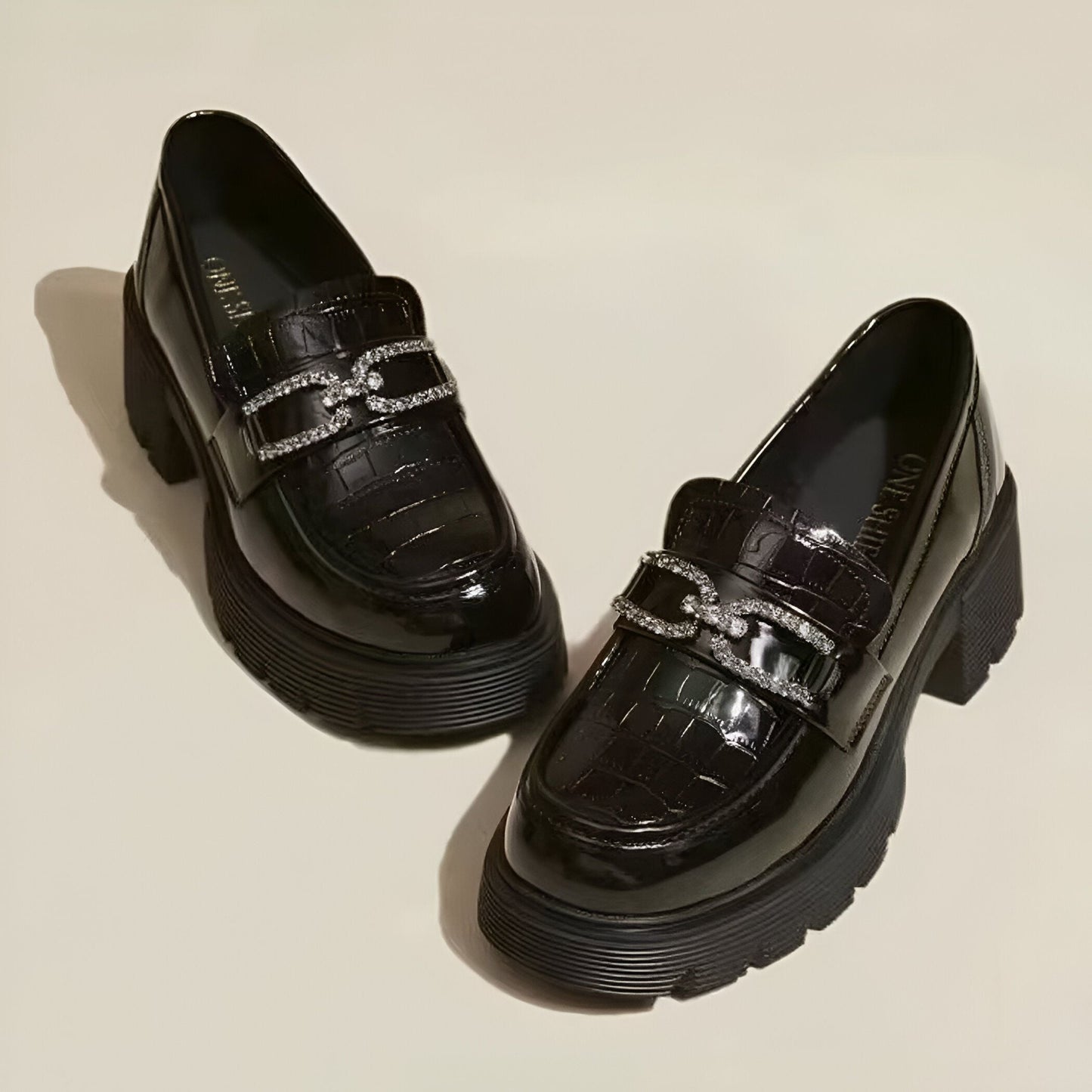 Mocassins Plateforme Vernis Croco - Chaîne Strass Noir