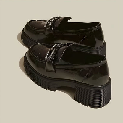 Mocassins Plateforme Vernis Croco - Chaîne Strass Noir