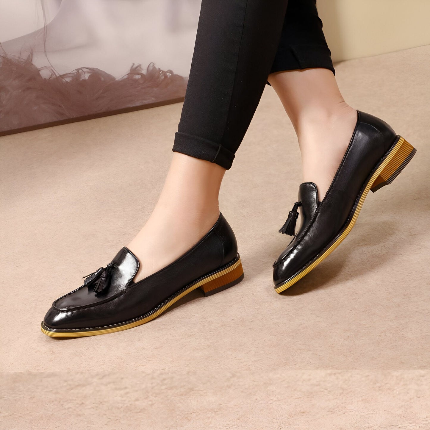 Luxe Mocassins Cuir Brillant Femme Glands Confortables