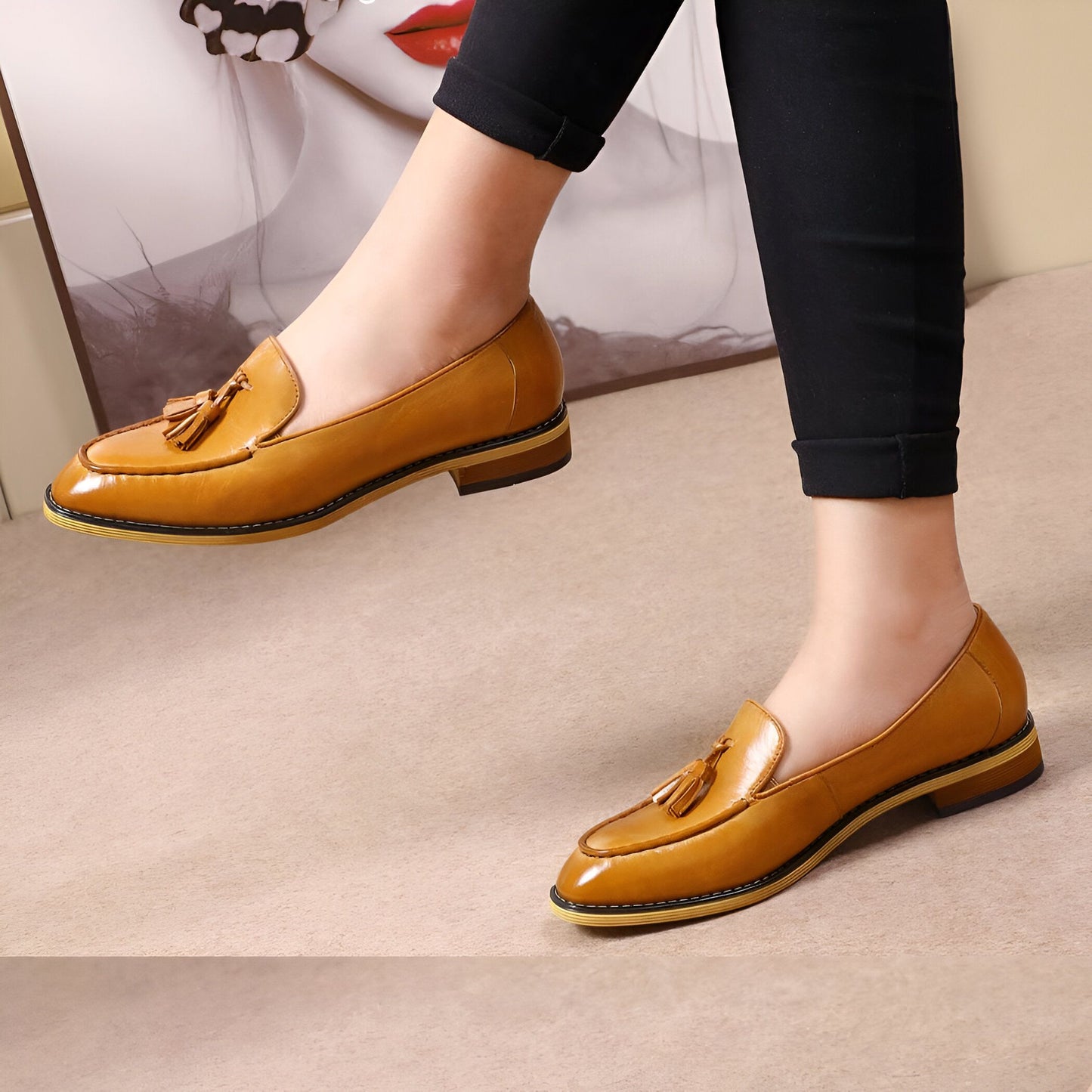 Luxe Mocassins Cuir Brillant Femme Glands Confortables
