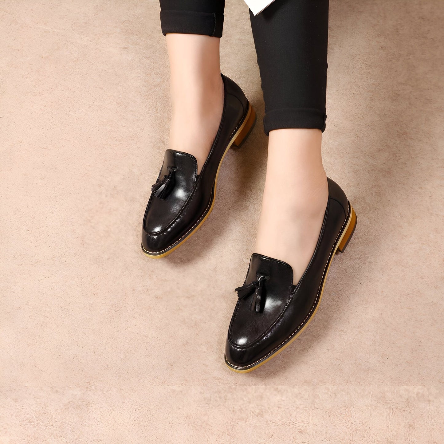 Luxe Mocassins Cuir Brillant Femme Glands Confortables