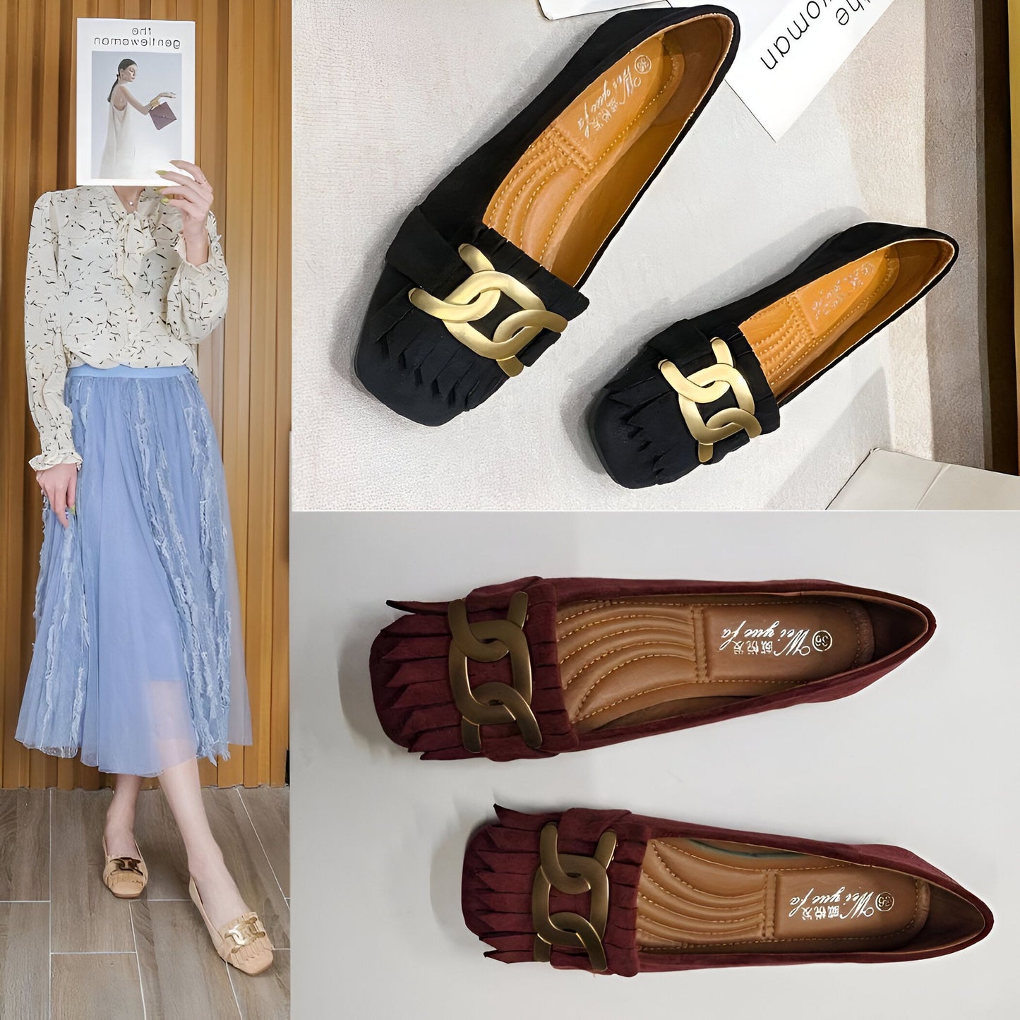 Mocassins Femme Rétro Franges Dorées — Confort Végan