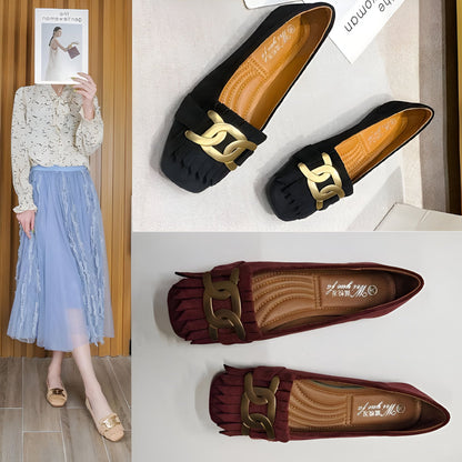 Mocassins Femme Rétro Franges Dorées — Confort Végan