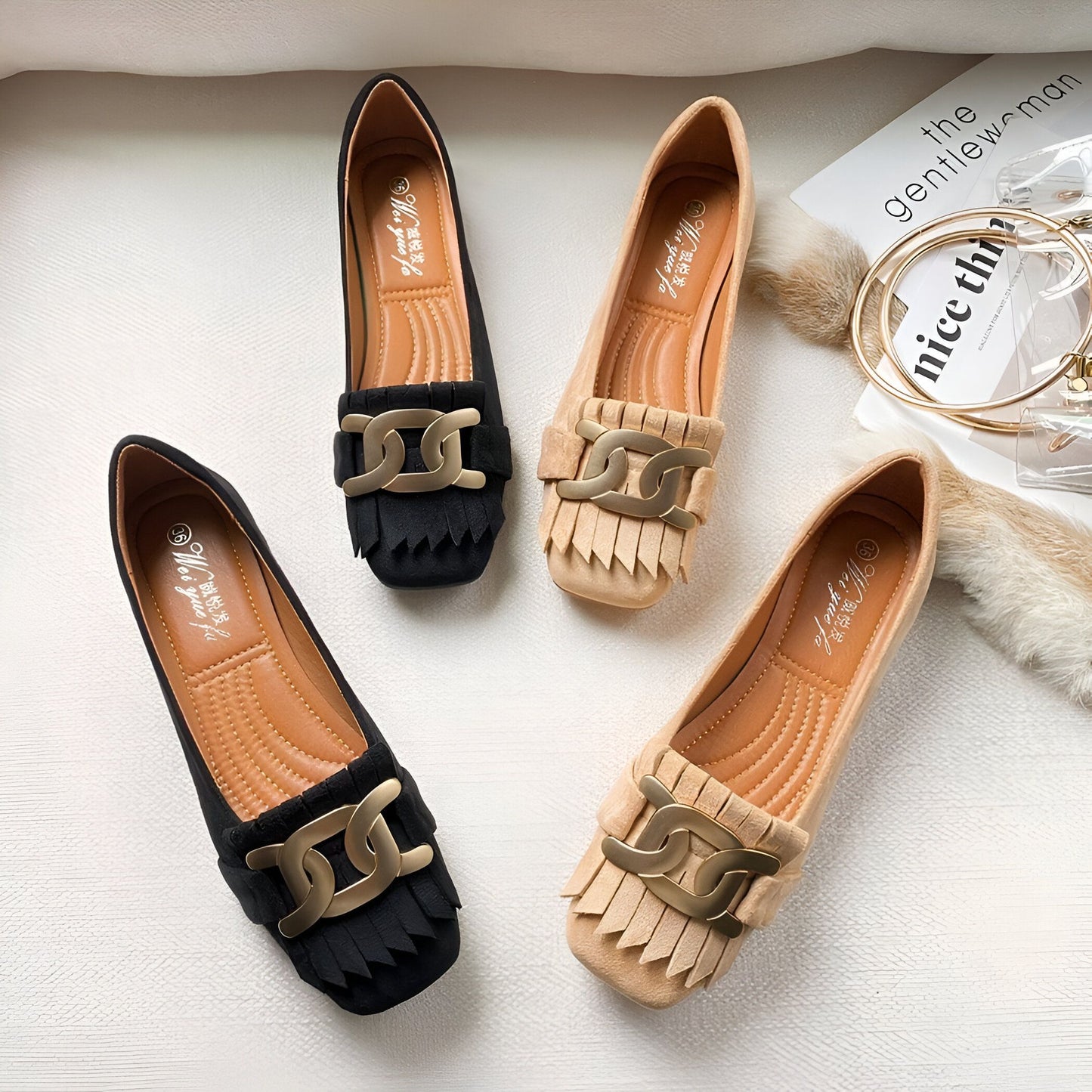 Mocassins Femme Rétro Franges Dorées — Confort Végan