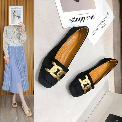 Mocassins Femme Rétro Franges Dorées — Confort Végan