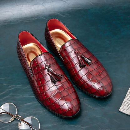 Signature Mocassins Cuir Vernis Rouge Grain Crocodile
