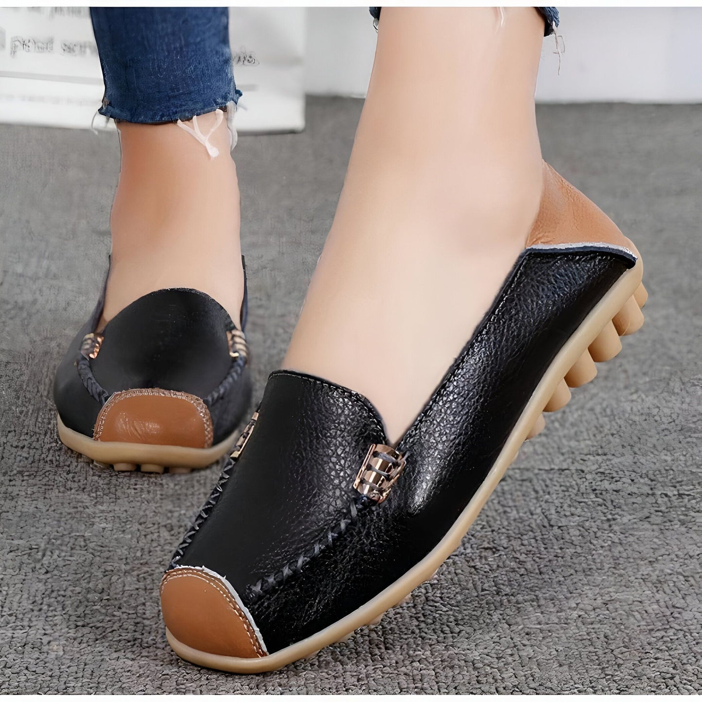 Mocassins Femme Cuir Végan Bicolores Confortables Luxe