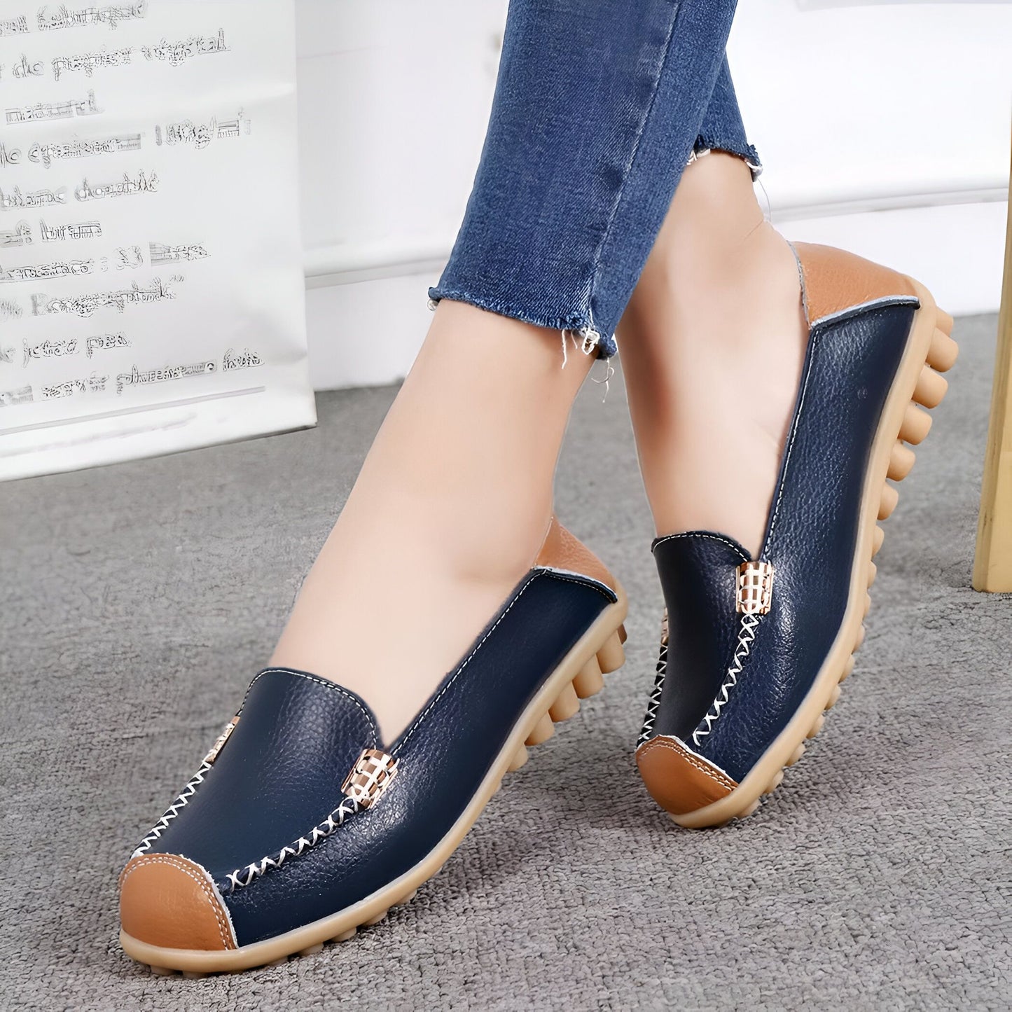 Mocassins Femme Cuir Végan Bicolores Confortables Luxe