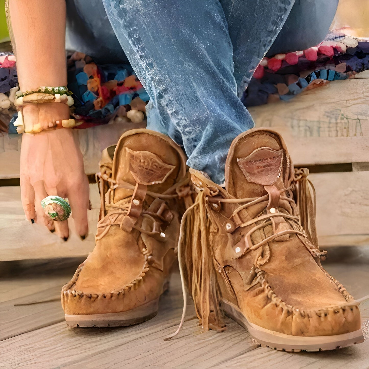 Nova Mocassins Bohèmes Franges Lacets Cuir Végan