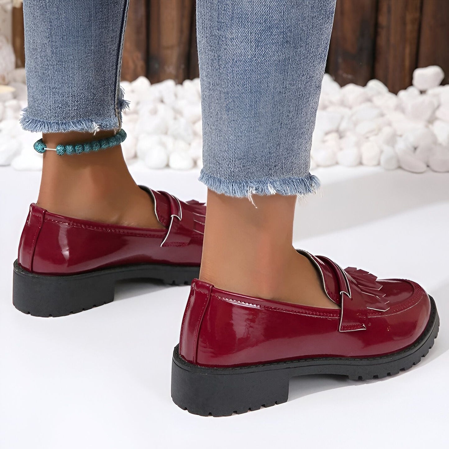 NovaWalk Mocassins vernis femme à franges noir