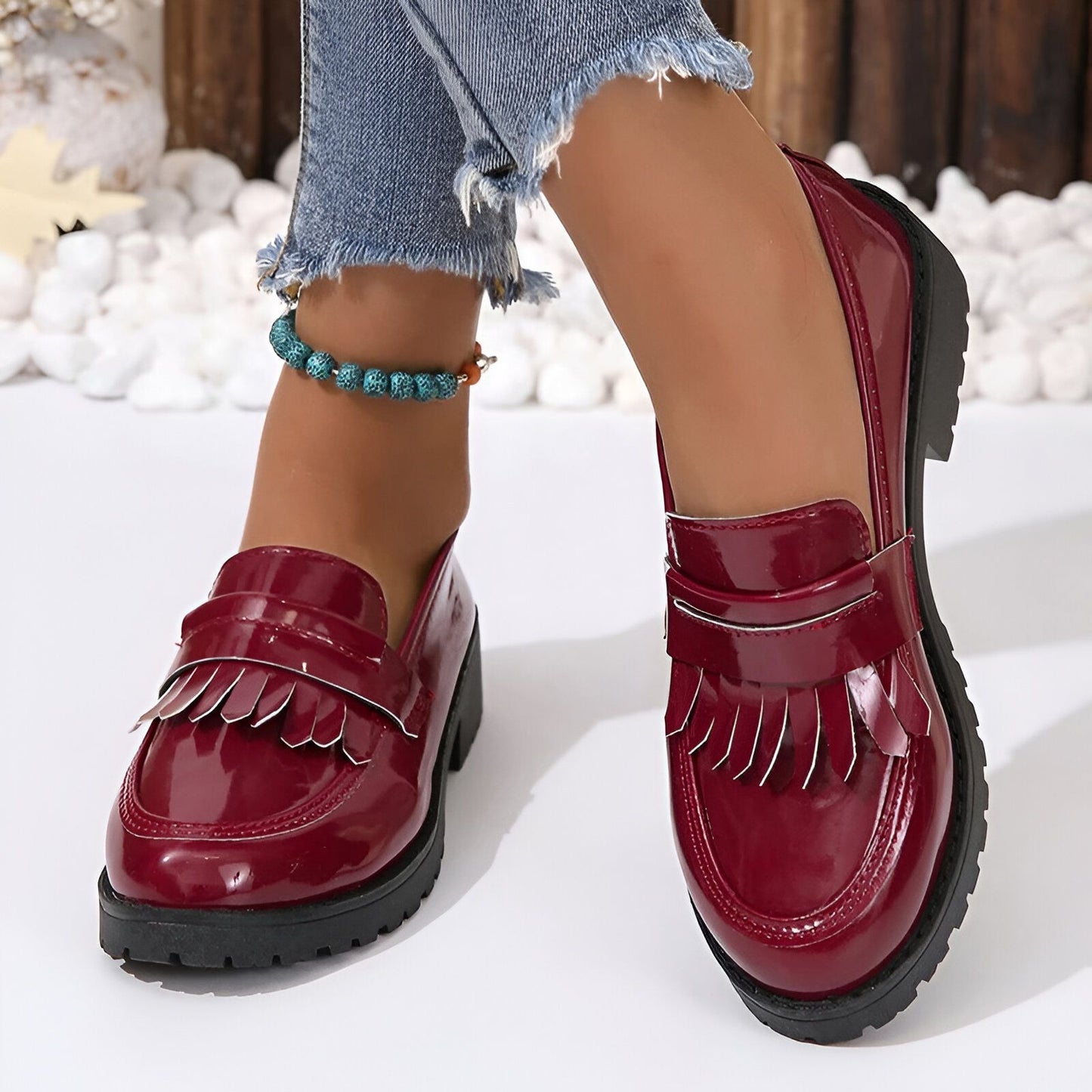 NovaWalk Mocassins vernis femme à franges noir