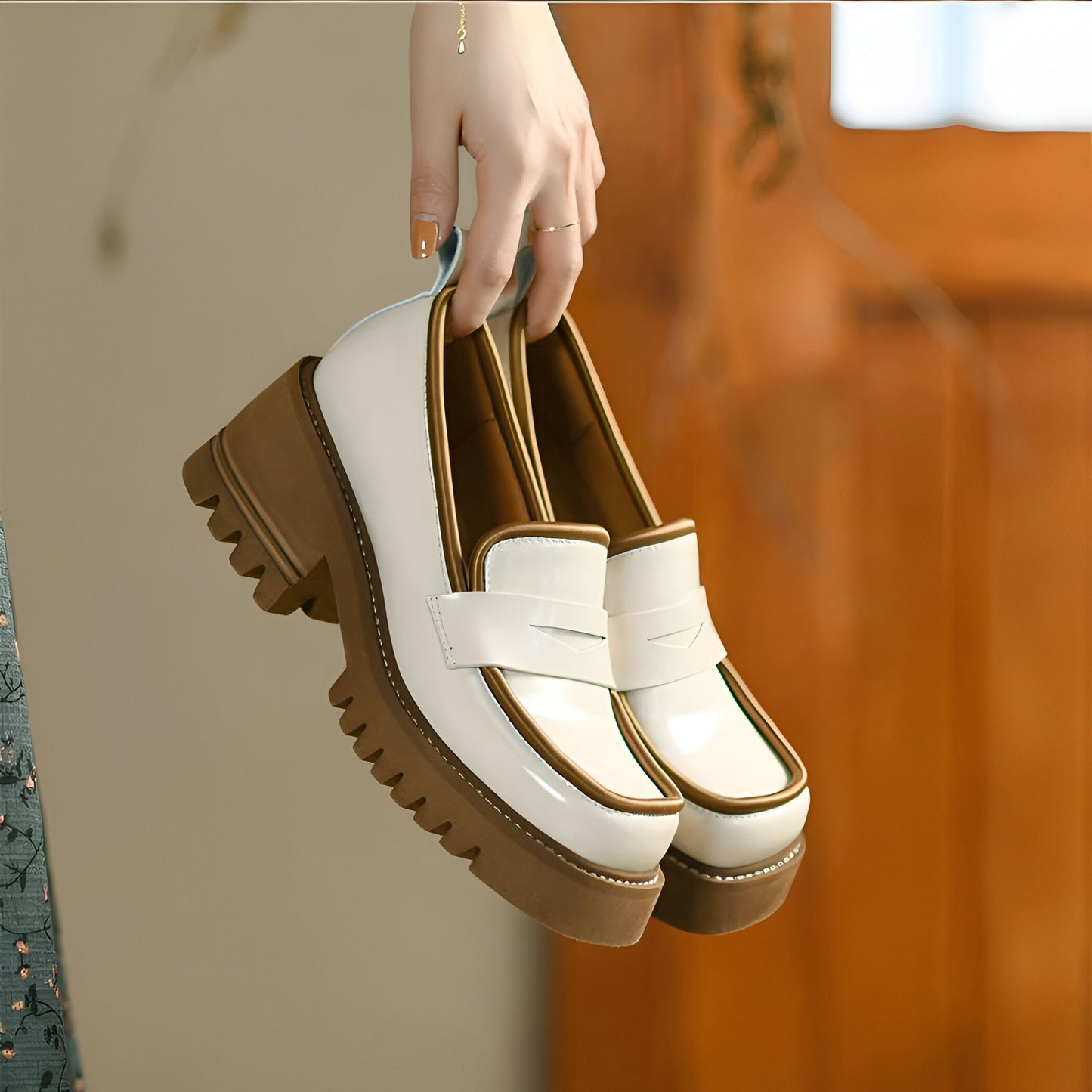 Mocassins Femme Végan Vernis, Plateforme Bicolore Luxe