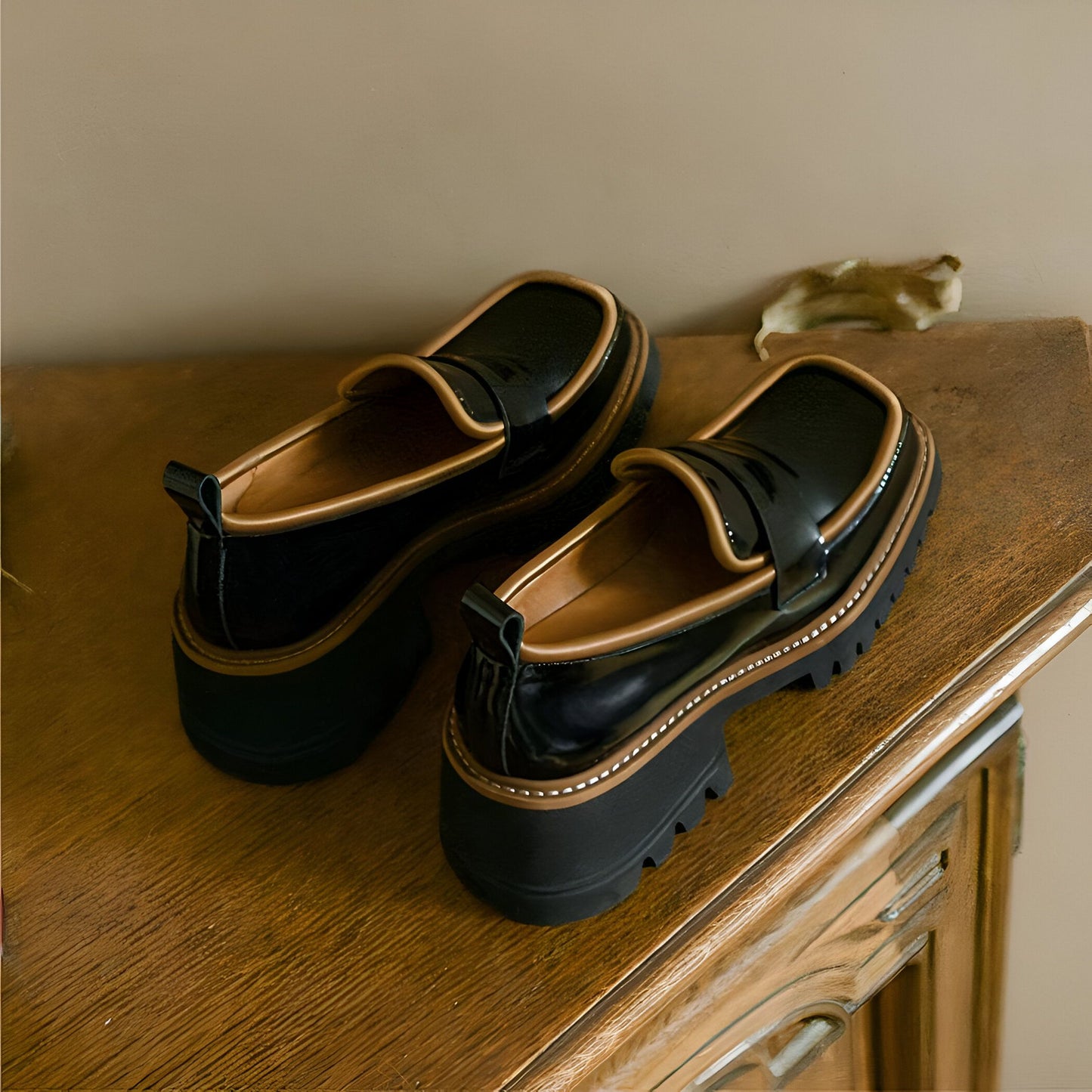 Mocassins Femme Végan Vernis, Plateforme Bicolore Luxe