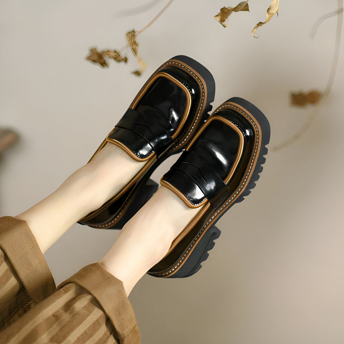 Mocassins Femme Végan Vernis, Plateforme Bicolore Luxe