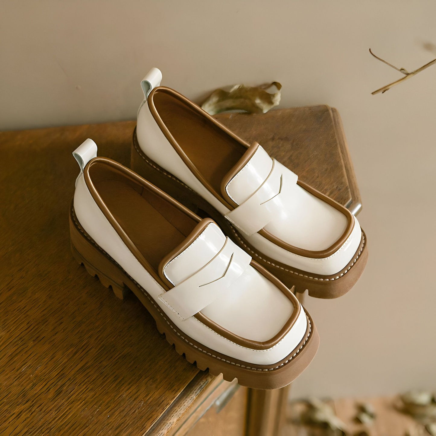 Mocassins Femme Végan Vernis, Plateforme Bicolore Luxe