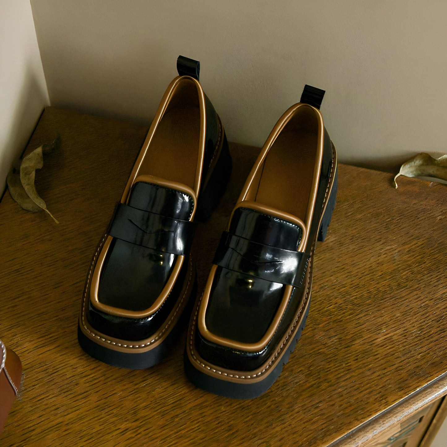 Mocassins Femme Végan Vernis, Plateforme Bicolore Luxe