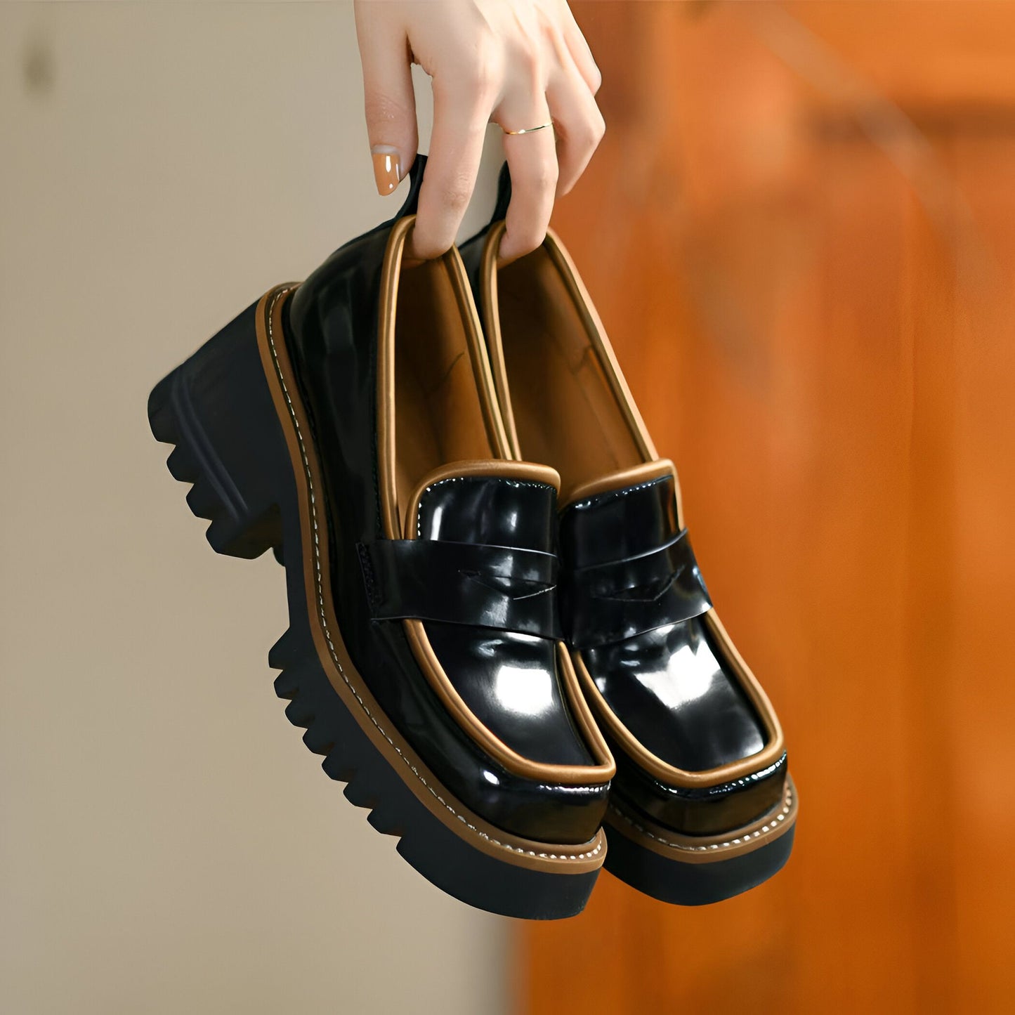 Mocassins Femme Végan Vernis, Plateforme Bicolore Luxe