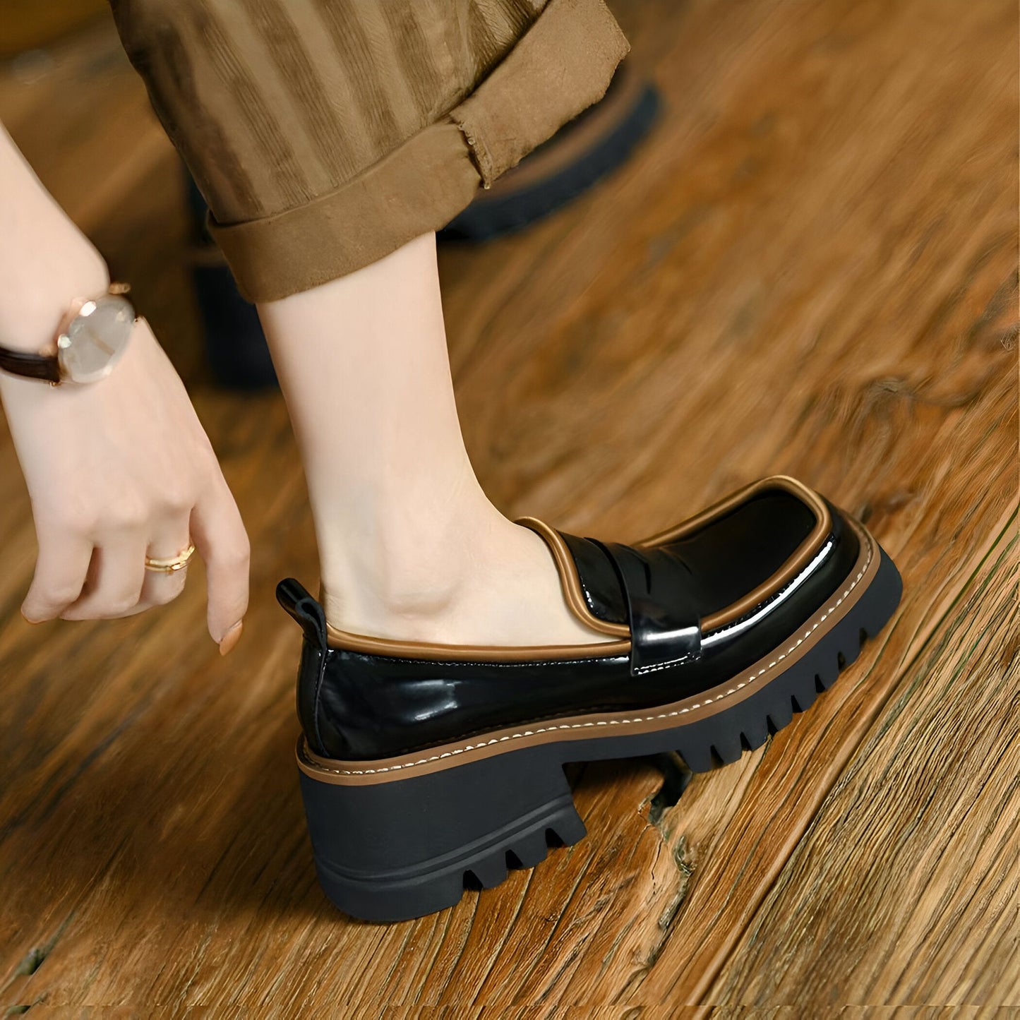 Mocassins Femme Végan Vernis, Plateforme Bicolore Luxe