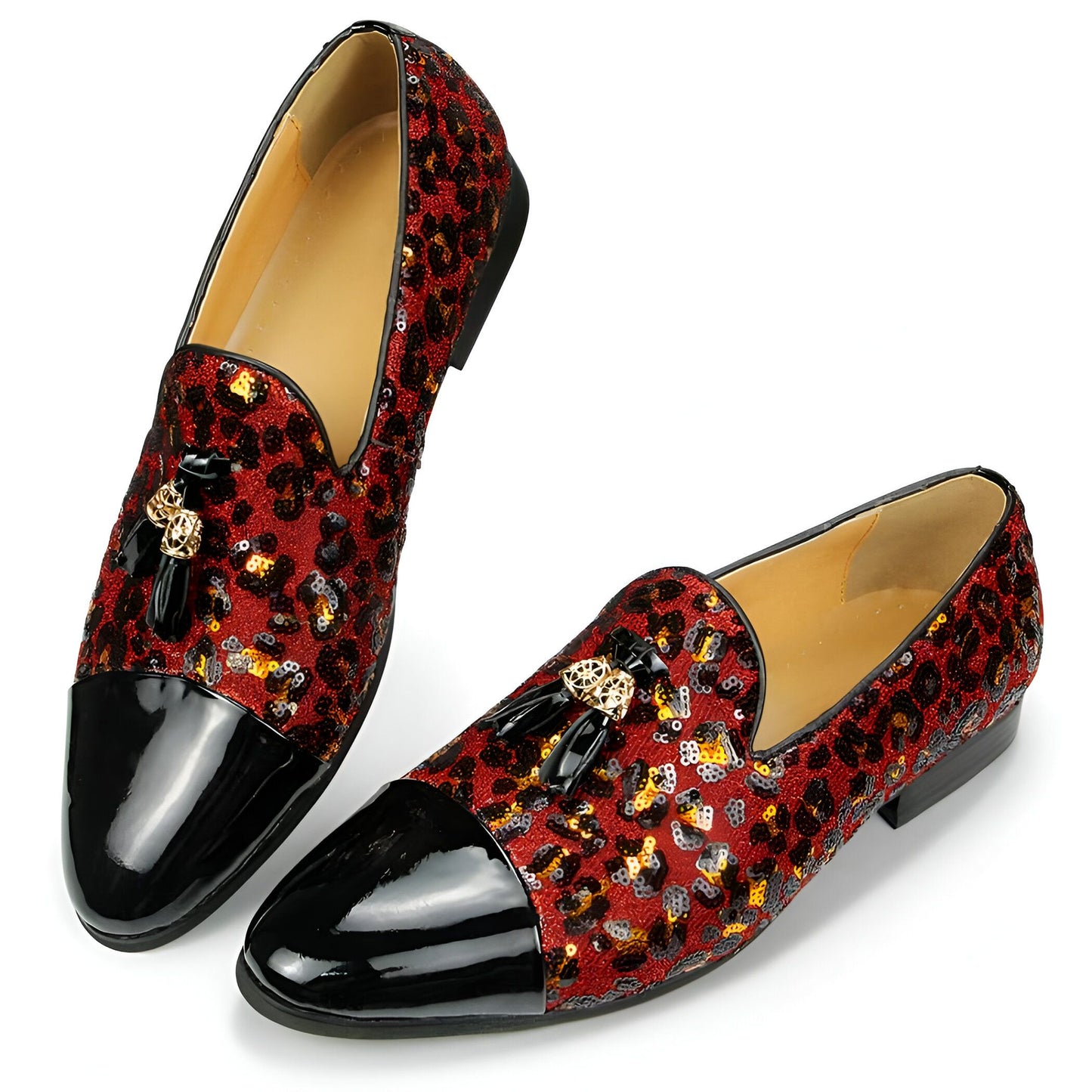 Mocassins Vernis Noirs – Simili Cuir, Sequins et Glands