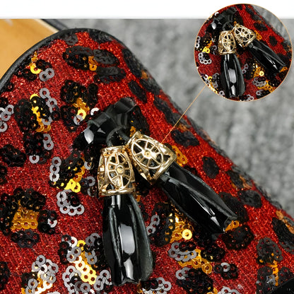 Mocassins Vernis Noirs – Simili Cuir, Sequins et Glands