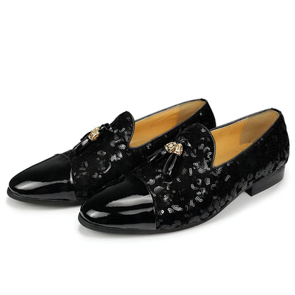 Mocassins Vernis Noirs – Simili Cuir, Sequins et Glands