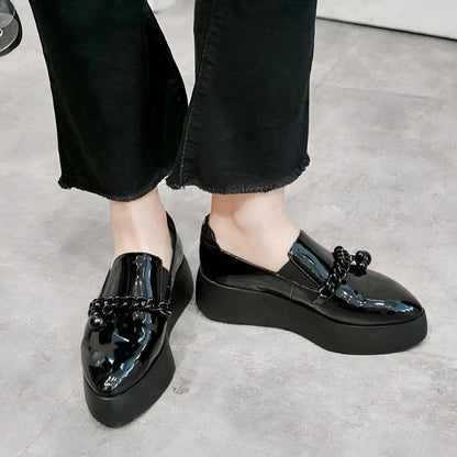 Luxe Mocassins vernis plateforme avec chaîne