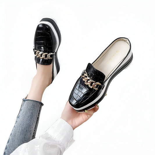 Mules compensées vegan Luxe - Croco & Chaîne dorée