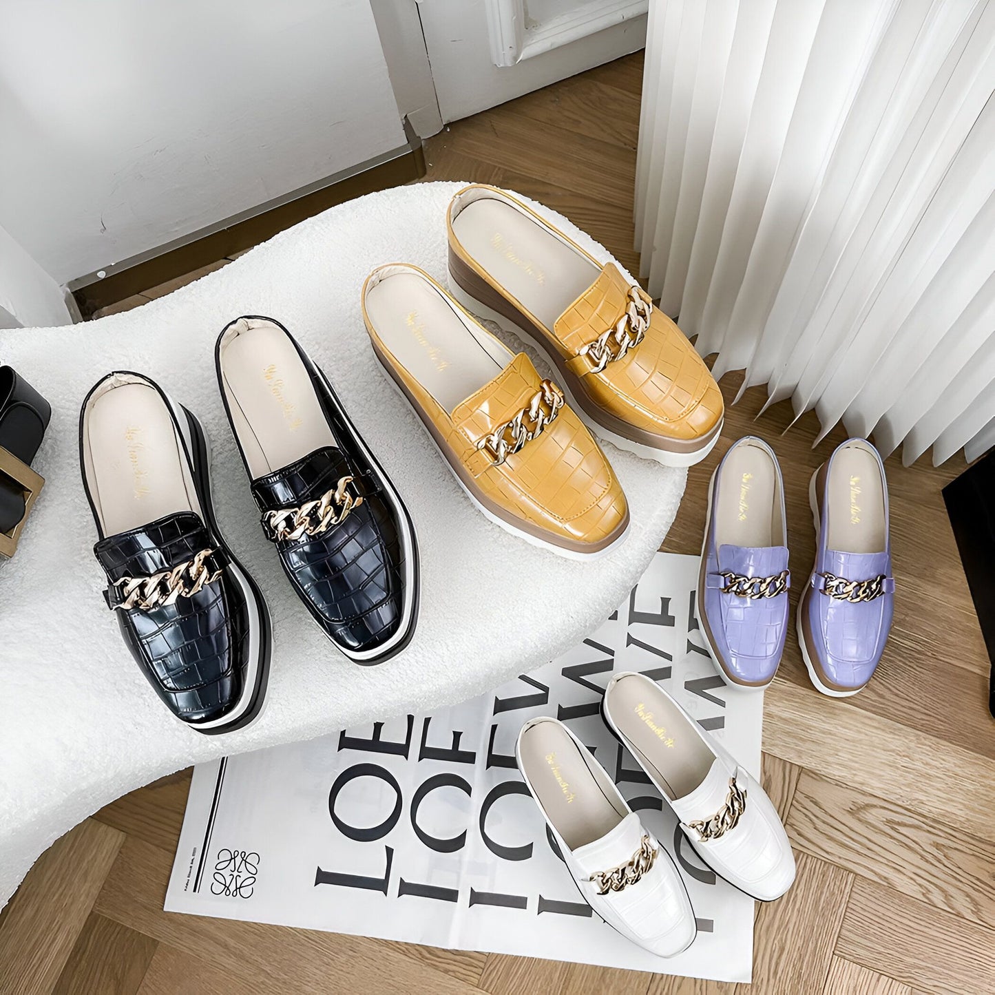 Mules compensées vegan Luxe - Croco & Chaîne dorée