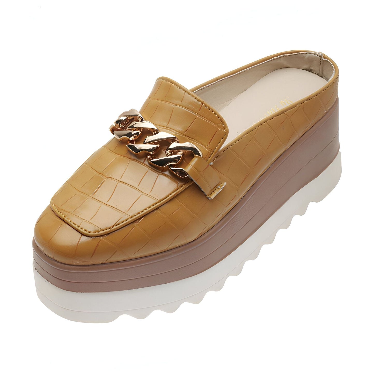 Mules compensées vegan Luxe - Croco & Chaîne dorée